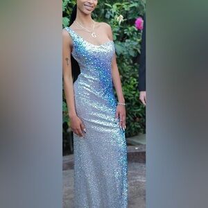 La Femme Iridescent Blue Sequin Gown